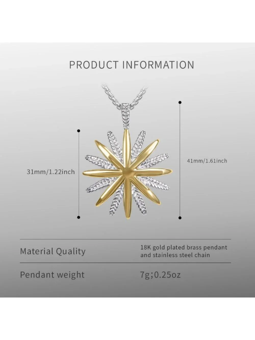 18K Gold Plated Two Tone Wheat Chain Necklace with Starburst Sunflower Pendant